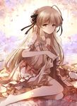  ahoge bare_shoulders blonde_hair bridal_veil dena.ei dress dress_lift flower hair_ribbon highres kasugano_sora long_hair long_legs petals ribbon sitting smile solo thighhighs veil very_long_hair white_dress white_legwear yellow_eyes yosuga_no_sora 