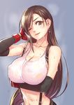  ;) bare_shoulders black_gloves breast_hold breasts brown_eyes brown_hair cleavage collarbone covered_nipples dripping earrings elbow_gloves final_fantasy final_fantasy_vii gloves grey_background head_tilt jewelry large_breasts light_smile long_hair midriff navel one_eye_closed parted_lips puffy_nipples see-through simple_background smile solo suspenders suspenders_pull sweat tifa_lockhart upper_body very_long_hair water wet wet_clothes yuuji_(and) 