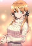  anchor_hair_ornament bangs blonde_hair blush breasts gintarou_(kurousagi108) green_eyes hair_between_eyes hair_ornament kantai_collection long_hair looking_at_viewer medium_breasts prinz_eugen_(kantai_collection) ribbed_sweater simple_background smile solo steepled_fingers sweater turtleneck twintails upper_body 
