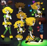  2015 ;p androgynous artist_name asriel_dreemurr black_sclera blonde_hair blue_(hopebiscuit) chara_(undertale) closed_eyes flowey_(undertale) freckles frisk_(undertale) genderswap genderswap_(mtf) gloves glowing green_eyes heart kneehighs one_eye_closed personification red_eyes sharp_teeth shirt shorts spoilers striped striped_shirt striped_sweater sweater teeth tongue tongue_out torn_clothes undertale white_skin 