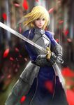  ahoge armor artoria_pendragon_(all) bangs blonde_hair blue_dress blue_eyes blurry braid cglas depth_of_field dress excalibur fate/stay_night fate_(series) gauntlets holding holding_sword holding_weapon lips long_hair looking_at_viewer petals reflection saber signature solo sword weapon 