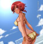  adjusting_clothes adjusting_swimsuit ass bikini breasts butt_crack cloud covered_nipples dated day from_side hino_akane_(smile_precure!) looking_at_viewer medium_breasts meteo_snow one-piece_tan precure red_eyes red_hair shiny shiny_skin short_ponytail side-tie_bikini sky smile_precure! solo strap_gap sun swimsuit tan tanline zanshomimai 