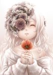  absurdres bad_id bad_pixiv_id bouno_satoshi closed_eyes collarbone flower hair_flower hair_ornament highres lips long_hair long_sleeves off_shoulder original solo sweater upper_body white_hair 