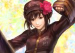  axis_powers_hetalia brown_eyes brown_hair china_(hetalia) flower genderswap genderswap_(mtf) hair_flower hair_ornament hat looking_at_viewer lotus_(elico) pose short_hair sidelocks simple_background sleeves_past_wrists smile solo 