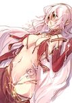  barbell_piercing breasts bridal_gauntlets choker cum cum_on_body cum_on_breasts cum_on_hair cum_on_upper_body elf facial green_eyes large_breasts long_hair lying navel navel_piercing piercing pink_hair pointy_ears solo tattoo ukyo_rst 