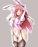  ahoge animal_ears arms_up black_legwear breasts bunny_ears bunny_pose buttons cleavage curvy elbow_gloves fake_animal_ears garter_straps gloves hacka_doll hacka_doll_2 large_breasts long_hair looking_at_viewer midoriiro_no_shinzou one_eye_closed open_mouth pink_hair red_eyes simple_background solo thick_thighs thighhighs thighs white_gloves wide_hips 