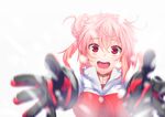  akino_sora gloves hair_bun jacket looking_at_viewer open_mouth outstretched_arms outstretched_hand pink_hair red_eyes short_hair smile snow solo yahari_ore_no_seishun_lovecome_wa_machigatteiru. yuigahama_yui 
