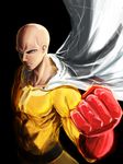  bald black_background cape clenched_hand frown gloves male_focus nekomamire one-punch_man red_gloves saitama_(one-punch_man) simple_background solo white_cape 