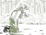  axe bamboo bamboo_forest boots comic forest fujiwara_no_mokou kneeling mitsumoto_jouji monochrome nature pants solo suspenders touhou 