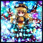  black_dress blonde_hair chinese_clothes danmaku dress hat junko_(touhou) long_hair long_sleeves lowres pote_(ptkan) red_eyes ribbon sash smile solo tabard touhou very_long_hair wide_sleeves 