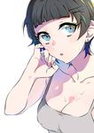 :o bangs black_hair blue_eyes blunt_bangs blush breasts cleavage earrings hair_ornament hairclip hand_on_own_face jewelry looking_to_the_side medium_breasts nail_polish original short_hair solo sweat tank_top yuura 