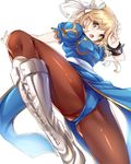  blonde_hair blue_dress blush boots bracelet brown_eyes brown_legwear bun_cover china_dress chinese_clothes chun-li cross-laced_footwear djeeta_(granblue_fantasy) double_bun dress fighting_stance gloves granblue_fantasy hairband hinata_sora jewelry legs looking_at_viewer open_mouth pantyhose pelvic_curtain puffy_short_sleeves puffy_sleeves ribbon sash short_hair short_sleeves side_slit simple_background solo spiked_bracelet spikes street_fighter white_background white_footwear 