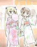  blonde_hair brown_hair festival food japanese_clothes kill_me_baby kimono kogaku_kazuya long_hair multiple_girls obi oribe_yasuna sash short_hair sonya_(kill_me_baby) twintails yukata 