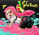  1girl all_fours ass bike_shorts blush copyright_name domino_mask fangs holding holding_weapon ink_tank_(splatoon) inkling long_hair looking_at_viewer looking_back mask open_mouth oro_(zetsubou_girl) paint_splatter pink_eyes pink_hair pointy_ears shirt single_vertical_stripe solo splatoon_(series) splatoon_1 splattershot_(splatoon) super_soaker surprised tentacle_hair weapon white_shirt 