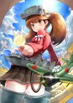  aircraft airplane brown_eyes brown_hair hat highres kantai_collection long_hair okitsugu onmyouji ryuujou_(kantai_collection) scroll shikigami skirt smile solo twintails visor_cap 