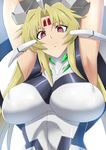  armpits arms_up blonde_hair bnc_(bunshi) breasts covered_nipples forehead_jewel headgear highres large_breasts leotard long_hair looking_at_viewer orichalcum_reycal red_eyes solo 