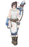  absurdres bare_shoulders beads blue_legwear boots breasts brown_eyes full_body glasses gun hair_bun hair_ornament hair_stick highres large_breasts light_smile mei_(overwatch) overwatch short_hair simple_background solo thighhighs thighs tied_hair viccik weapon white_background 