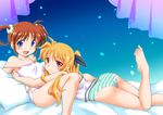  :d ass bare_shoulders blonde_hair blue_eyes brown_hair camisole fate_testarossa hair_ribbon hug leg_up looking_at_viewer lying lyrical_nanoha mahou_shoujo_lyrical_nanoha multiple_girls nishi_kita on_bed on_stomach open_mouth panties pillow red_eyes ribbon short_twintails smile strap_slip striped striped_panties takamachi_nanoha twintails underwear white_panties 