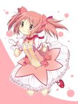  blush bow bubble_skirt commentary_request gloves hair_ribbon highres kaname_madoka looking_at_viewer macaro magical_girl mahou_shoujo_madoka_magica pink_eyes pink_hair ribbon school_uniform short_hair short_twintails skirt smile solo twintails white_gloves white_legwear 