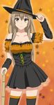  amagi_brilliant_park bare_shoulders brown_eyes brown_hair contrapposto cowboy_shot cp9a detached_sleeves halloween hat hat_tip long_hair looking_at_viewer sento_isuzu skirt smile solo standing thighhighs witch_hat zettai_ryouiki 