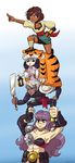  3girls abs absurdres ajna_(indivisible) anaugi anger_vein ankle_wrap bracelet breastplate commentary dhar_(indivisible) highres human_tower indivisible jewelry lantern multiple_girls muscle phoebe_(indivisible) razmi_(indivisible) sandals scar stacking tiger_pelt 