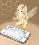  blonde_hair cellphone covered_navel fairy fairy_wings horns mootor phone pointy_ears smartphone solo wings 
