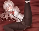  alternate_color awai_shiro bad_id bad_pixiv_id black_legwear blush bow crotch_seam hinanawi_tenshi leg_up long_hair looking_at_viewer m.u.g.e.n no_pants open_mouth panties panties_under_pantyhose pantyhose puffy_short_sleeves puffy_sleeves red_eyes shirt short_sleeves silver_hair solo tears thighband_pantyhose touhou underwear very_long_hair 