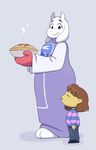  blush brown_hair caprine clothed clothing duo female food frisk fur goat hair human male mammal mother parent pie simple_background smile toriel undertale video_games white_background white_fur yellowhellion young 