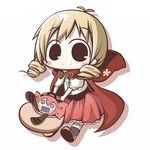  alternate_costume aoblue bag blonde_hair blush_stickers cape charlotte_(madoka_magica) commentary_request drill_hair looking_at_viewer mahou_shoujo_madoka_magica open_mouth smile tomoe_mami 