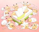  &gt;_&lt; ^_^ biting blanket blush_stickers cape chewing closed_eyes gen_1_pokemon gradient gradient_background happy lying mask no_humans on_side on_stomach pachipachi326 paper_airplane pikachu pokemon pokemon_(creature) pulling sitting sleeping tearing_paper text_focus tissue tissue_box too_many too_many_pikachu upside-down 