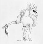  2015 butt cervine clothed_feral clothing ecmajor female feral fur hooves legwear lingerie looking_at_viewer mammal monochrome panties panties_around_one_leg piercing pussy reindeer sketch smile solo stockings them&#039;s_fightin&#039;_herds thigh_highs underwear velvet_reindeer_(tfh) 