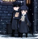  1girl bag black_hair brown_eyes chibi coat hijikata_keisuke long_hair null_(nyanpyoun) paper sakamoto_mio short_hair snow strike_witches sword weapon world_witches_series 