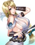  blonde_hair breasts cleavage dress earrings gauntlets grey_eyes highres jewelry large_breasts long_hair looking_at_viewer see-through sideboob sleeveless sleeveless_dress smile solo sophitia_alexandra soulcalibur suika_(atelier-yuu) sword very_long_hair weapon white_dress 