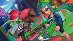  1girl amber_harris bike_shorts billboard bridge dark_skin domino_mask dutch_angle fangs green_eyes green_hair grin hair_tie highres ink_tank_(splatoon) inkling jacket long_hair mask paint pink_eyes pink_hair pointy_ears shoes smile sneakers splat_charger_(splatoon) splatoon_(series) splatoon_1 splattershot_jr_(splatoon) super_soaker tentacle_hair 