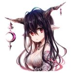  antenna_hair bandaged_arm bandages black_hair breasts cleavage crescent danua draph granblue_fantasy hair_between_eyes horn_ornament horns jewelry koneko_mari large_breasts long_hair looking_at_viewer pendant pointy_ears red_eyes simple_background sleeveless solo upper_body white_background 