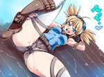  belt blonde_hair blue_eyes blush boots breasts commentary_request goggles goggles_on_head granblue_fantasy highres knee_boots leg_lift leg_ribbon looking_at_viewer lying medium_breasts on_back open_mouth pengy_(granblue_fantasy) ribbon shirt shorts skindentation sleeveless sleeveless_shirt solo spread_legs sweat thighhighs thighs tsuki_wani twintails white_legwear 