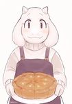  chibimu clothing cute female food front_view fur happy looking_at_viewer pie simple_background smile solo sweater toriel undertale video_games white_background white_fur 