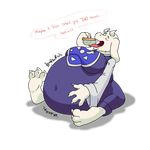  belly big_belly big_breasts breasts caprine chubby clothing english_text female food fur goat hair mammal open_mouth overweight solo stuffing text toriel undertale video_games weight_gain 
