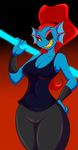  2015 anthro blue_skin breasts cleavage clothed clothing eye_patch eyewear female fin fish grin hair head_fin long_hair looking_at_viewer marine mastergodai red_hair sharp_teeth smile solo teeth undertale undyne video_games weapon yellow_sclera 