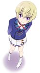  aikatsu! aikatsu!_(series) blonde_hair boots earrings fang_out fangs full_body hattori_yuu jewelry mattaku_mousuke purple_eyes school_uniform short_hair skirt solo star star_earrings starlight_academy_uniform 