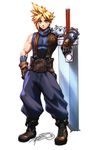  baggy_pants belt blonde_hair blue_eyes brown_gloves buster_sword cloud_strife final_fantasy final_fantasy_vii frown full_body gloves huge_weapon male_focus muscle pants pauldrons planted_sword planted_weapon robert_porter sleeveless sleeveless_turtleneck solo spiked_hair suspenders sword turtleneck weapon 