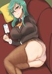  ascot ass bad_anatomy bad_id bad_pixiv_id blazer blush breasts brown_legwear brown_skirt cameltoe cellphone collared_shirt colored_eyelashes couch curvy error green_eyes green_hair hair_ornament hairclip highres iphone jacket kantai_collection large_breasts lips long_hair long_sleeves looking_at_viewer lying menbo_(ore_menbou) on_side panties pants pantyshot pantyshot_(lying) phone pillow pink_pants shimakaze_(kantai_collection) shiny shiny_skin shirt skirt smartphone smile solo suzuya_(kantai_collection) thighs twitter underwear 
