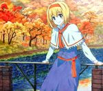  against_railing alice_margatroid autumn autumn_leaves blonde_hair blue_dress blue_eyes capelet commentary_request dress forest hairband long_sleeves looking_at_viewer marker_(medium) millipen_(medium) nature railing sash shiratama_(hockey) shirt smile solo touhou traditional_media white_capelet 