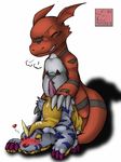  &lt;3 anthro ass_up blush clenched_teeth cum cum_on_tail cum_string digimon duo erection eyes_closed front_view fucked_silly fur_pelt gabumon guilmon horn hot_dogging looking_pleasured lying male male/male on_front panting penis raised_tail scalie signature standing tapering_penis teeth vitrex 