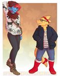  2015 alphys anthro backpack bow breasts clothed clothing duo eyewear female fish footwear glasses hair hat jeans marine monster necklace open_mouth orange_scales red_hair scales scalie shadowpelt shirt shoes teeth text undertale undyne video_games 