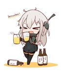  &gt;_&lt; :d antenna_hair beer_mug bottle carrying chibi closed_eyes commentary_request cup german german_flag highres holding holding_cup kantai_collection long_hair looking_at_viewer nuu_(nu-nyu) open_mouth silver_hair smile solo translated u-511_(kantai_collection) xd 
