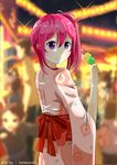  absurdres artist_name bima_rahmaa blurry blurry_background dango festival food from_behind hair_ornament highres inou-battle_wa_nichijou-kei_no_naka_de japanese_clothes kanzaki_tomoyo kimono looking_at_viewer purple_eyes side_ponytail skewer smile solo_focus wagashi 