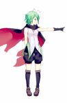  adapted_costume antennae bare_arms black_gloves cape gloves green_eyes green_hair kneehighs meng_xiao_jiong pointing pointing_forward puffy_shorts shirt short_hair shorts sleeveless sleeveless_shirt solo touhou wriggle_nightbug 