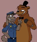  anthro bear blue_eyes bow_tie brown_eyes brown_fur canine clothed clothing dog five_nights_at_freddy&#039;s freddy_(fnaf) fur grin hat male mammal microphone nervous police_uniform purple_background simple_background smile teeth top_hat uniform video_games white_sclera wolfscar2810 