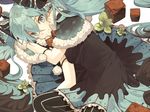  aqua_eyes aqua_hair bow capelet chocolate commentary dress frilled_bow frills fur_trim hair_bow hair_ribbon hatsune_miku long_hair looking_at_viewer lying mint on_side pantyhose pig_ggul pom_pom_(clothes) ribbon simple_background smile snowflake_print solo striped striped_legwear twintails vertical-striped_legwear vertical_stripes vocaloid white_background 